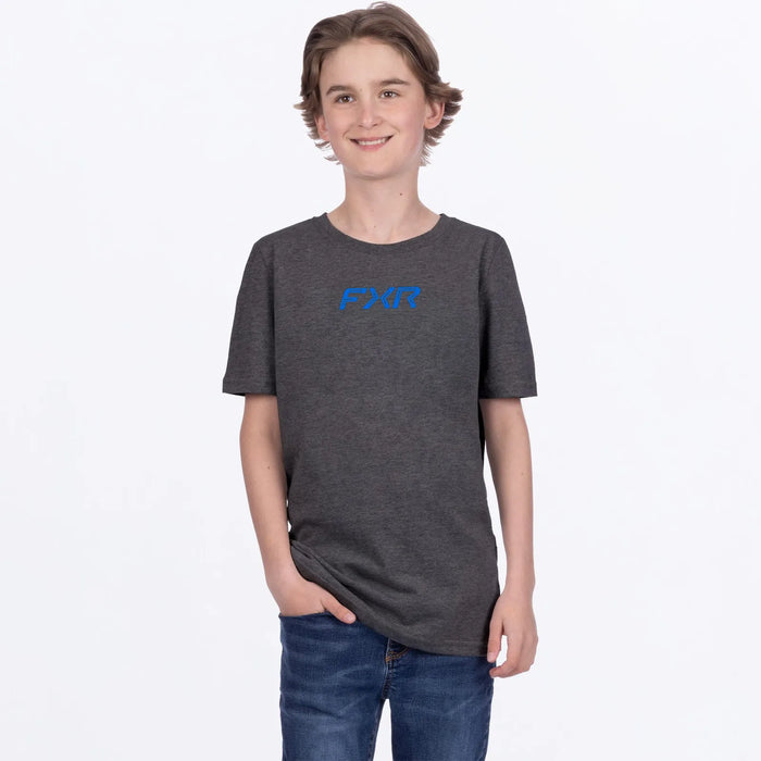 FXR Youth Pedigree Premium T-Shirt - Char Heather/Blue, front view