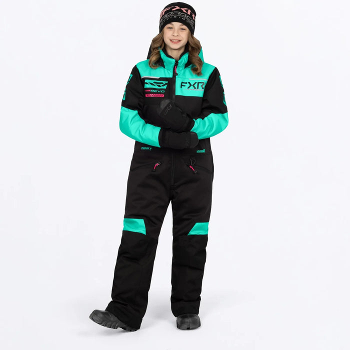 FXR Youth Revo Monosuit - Black/Mint/Razz, front view