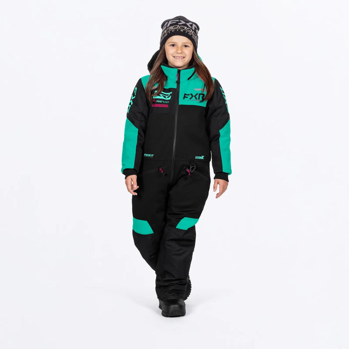 FXR Child Revo Monosuit - Black/Mint/Razz, front view