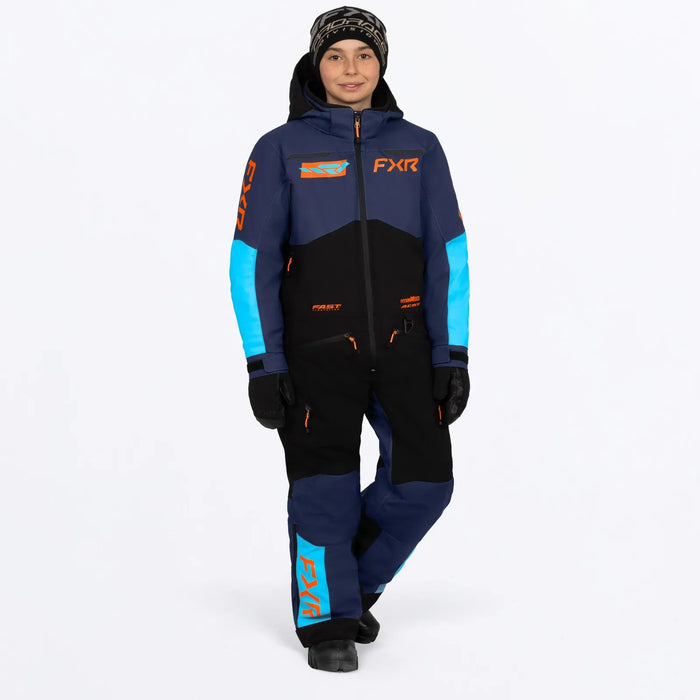 FXR Youth Vertical Monosuit - Midnight/Blue/Orange, front view