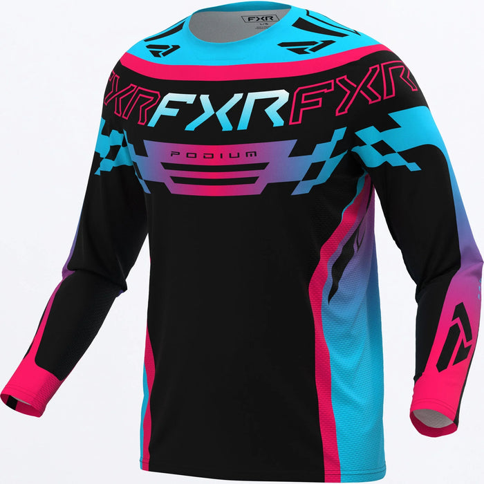 FXR Youth Podium MX Jersey 2027 - Black/Razz/Sky, front view