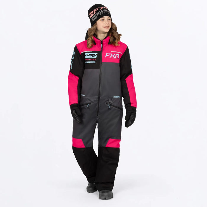 FXR Youth Revo Monosuit - Asphalt/Razz/Maui, front view