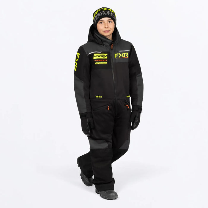 FXR Youth Revo Monosuit - Black/HiVis/Org, front view