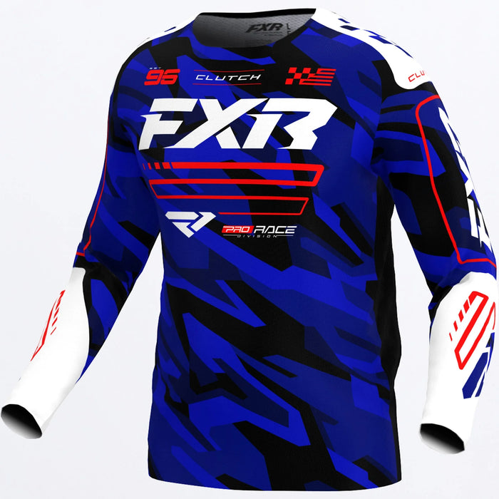 FXR Youth Clutch MX Jersey 2025 - Blue Camo/Red, front view