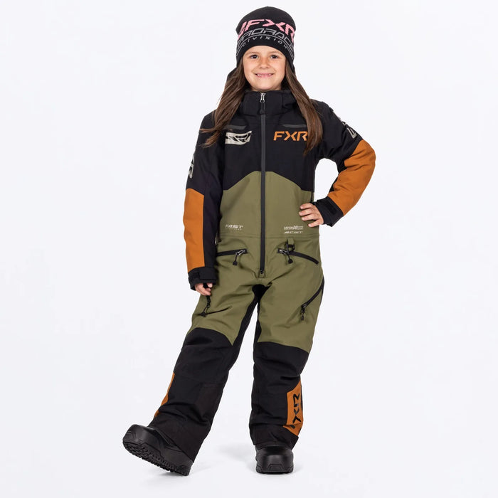 FXR Child Vertical Monosuit - Moss/Umber/Stone, front view