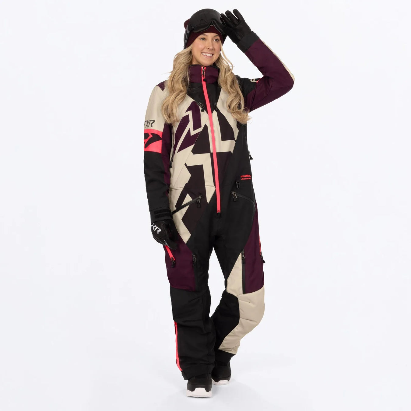FXR Womens Cold Cross CX Lite Monosuit 2027 - Sand/Plum/Coral, front view