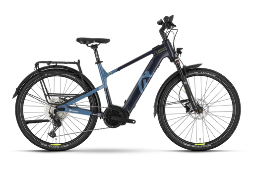 A step-through electric bicycle in a dark navy blue and slate blue color scheme, featuring a rear cargo rack, fenders, and a front suspension fork, shown against a plain white background.