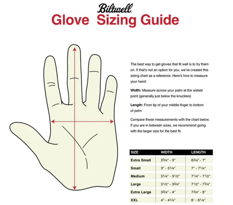 Biltwell Mens Work 2.0 Gloves - Size Chart