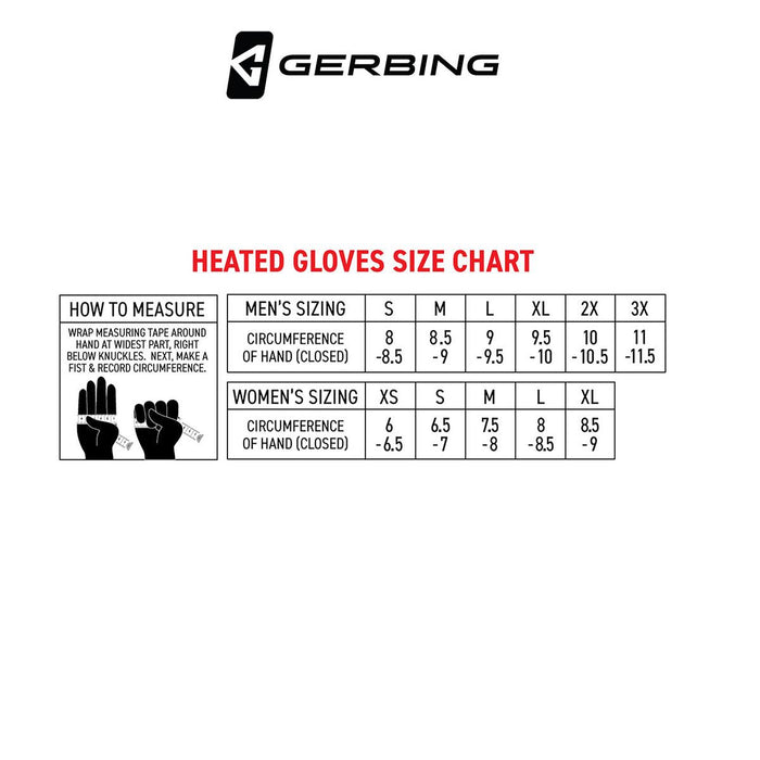 Gerbing Mens 7V S7 Battery Heated Gloves - Size Chart