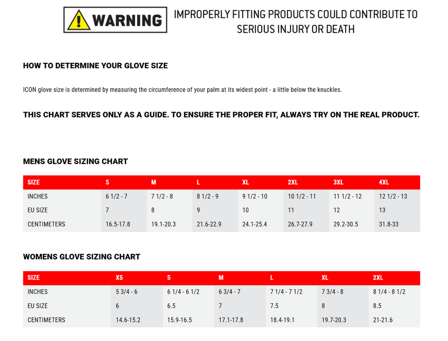 Icon 1000 Mens Axys Gloves - Size Chart