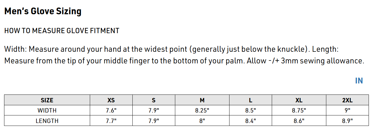 Thor Mens Spectrum Gloves - Size Chart