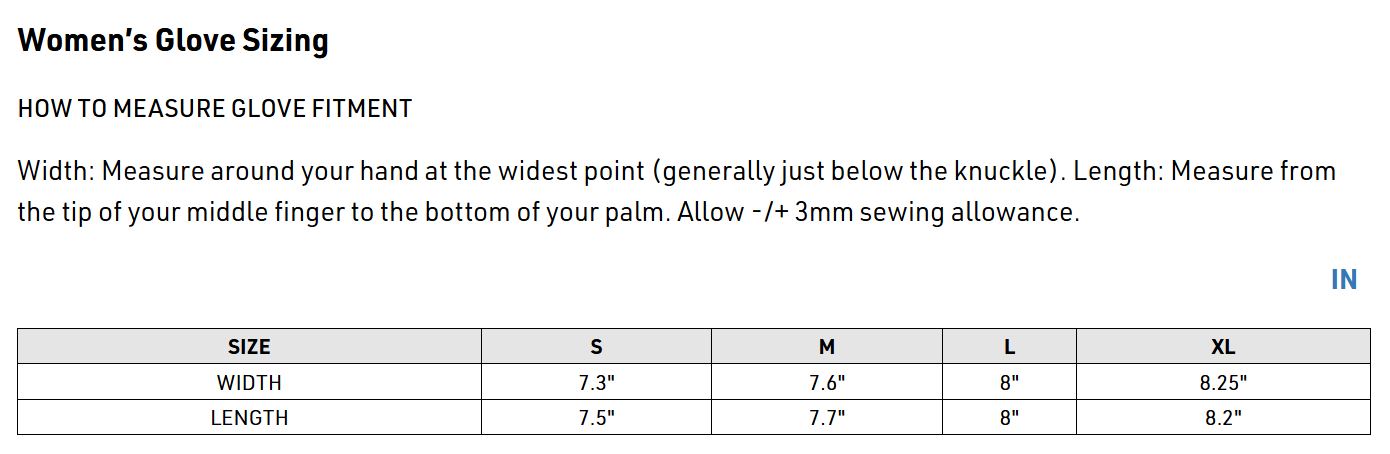 Thor Womens Launchmode XP Gloves - Size Chart