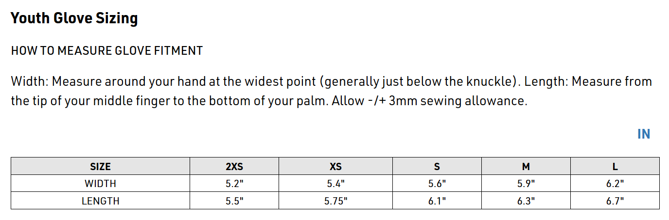 Thor Youth Spectrum Gloves - Size Chart
