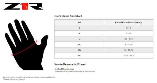 Z1R Mens 243 Gloves - Size Chart